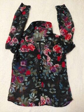 G by Guess Floral Sheer Button Front Blouse Size S Black Rose Print Top